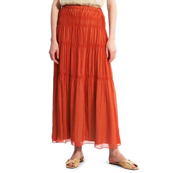 NWT Theory Womens Tiered Maxi Skirt Silk Crinkle Elastic Waist Dark Coral Size S - Picture 1 of 12